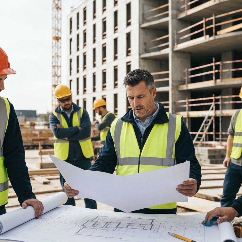 Project manager reviewing construction plans on site